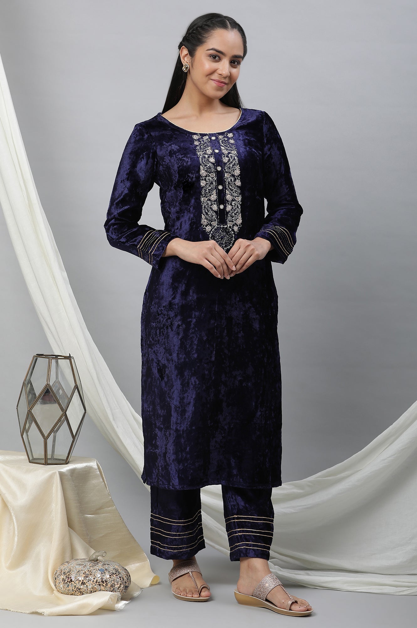 Blue Velvet Embellished Kurta & Palazzo Set
