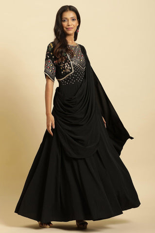 Black Predrape Sarre Dress With Multi-Coloured Embroidery