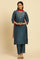 Blue Embroidered Shantung Kurta, Pants And Dupatta Set