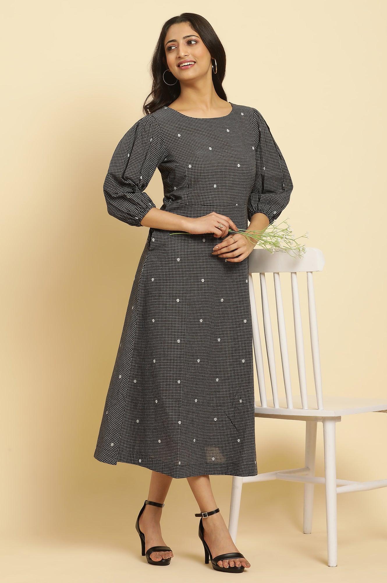 Black Polka Dot Printed Western Dress With Puff Sleeves