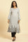 White and Black Striped Schiffli Embroidered Straight Kurta