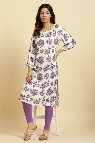 Ecru Relaxed Fit Straight Kurta with Purple Floral Print