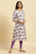 Ecru Relaxed Fit Straight Kurta with Purple Floral Print