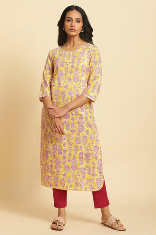 Yellow Floral Printed Straight Kurta