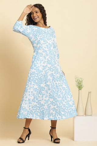 White And Blue Floral Printed Flared Long Dress