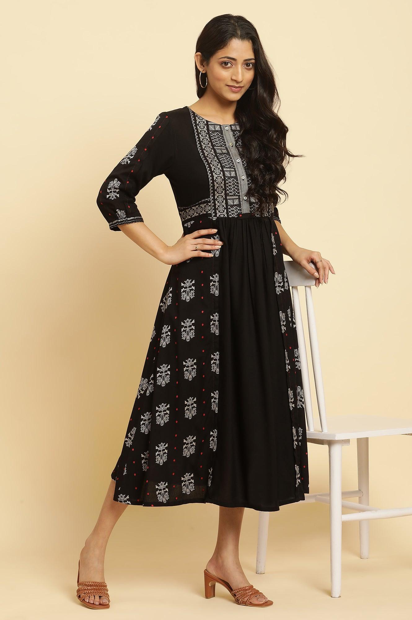 Black Printed Gathered Dress