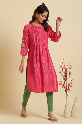 Pink Floral Embroidered Festive Kurta