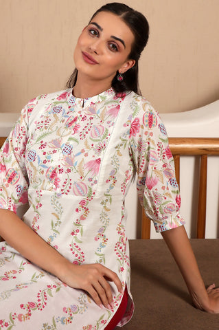 White Floral Printed Pure Cotton Straight Kurta with Gathered Sleeves