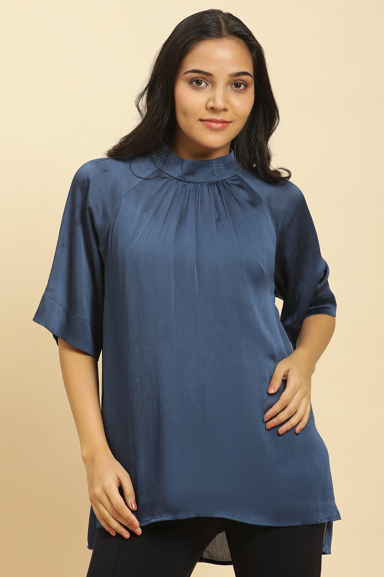 Blue Gathered Western Top
