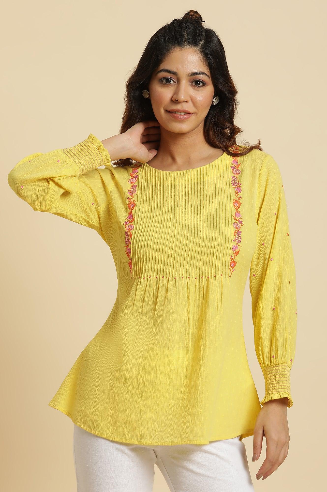 Yellow Embroidered Pintuck Top