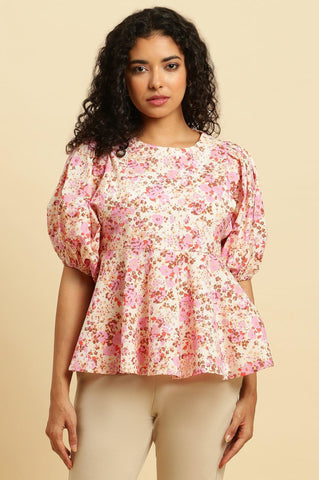 White And Pink Floral Printed Flared Top