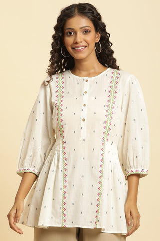 Ecru Yarn Dye Embroidered Top With Pleats