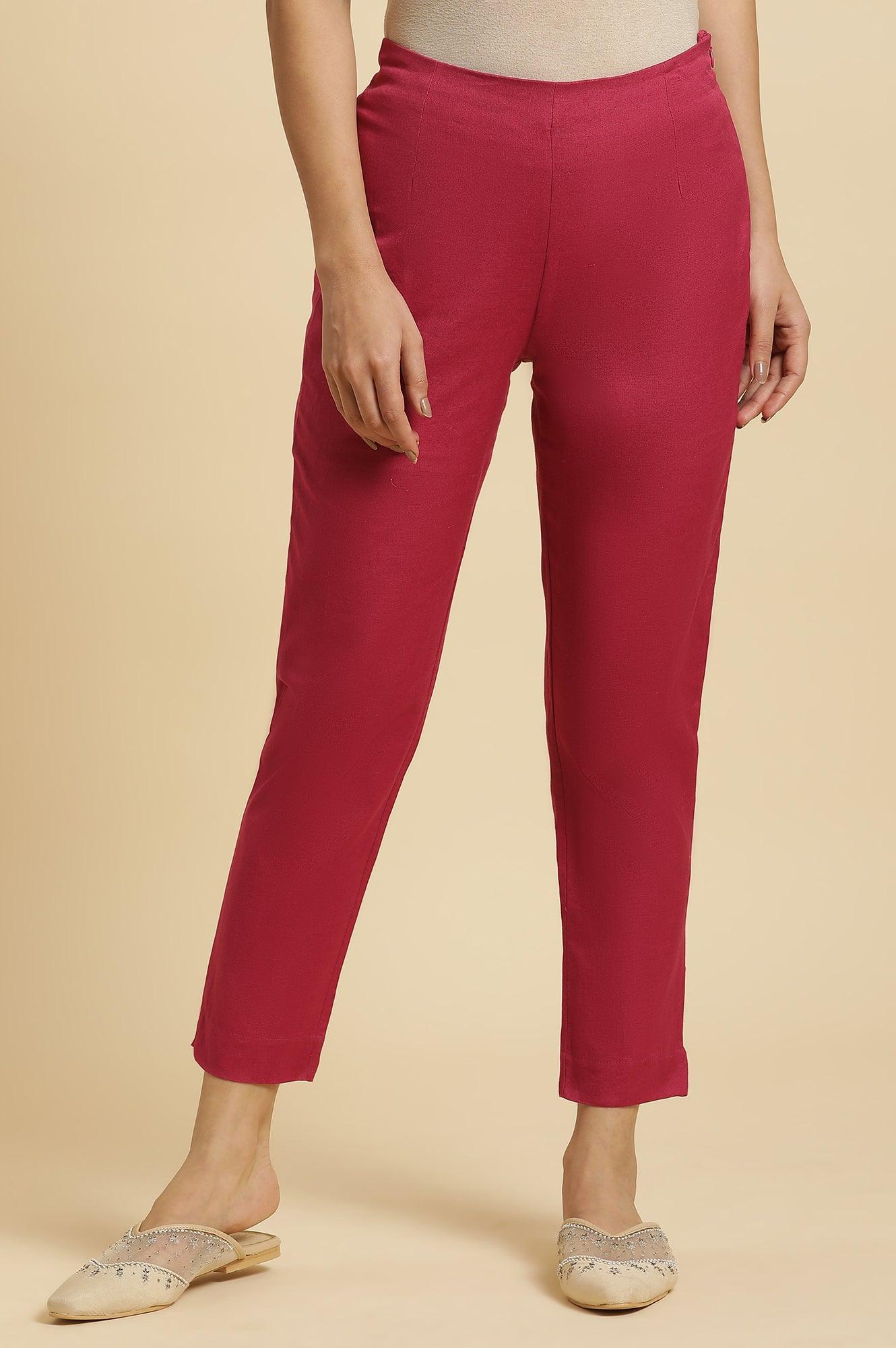 Pink Solid Cotton Flax Slim Pants