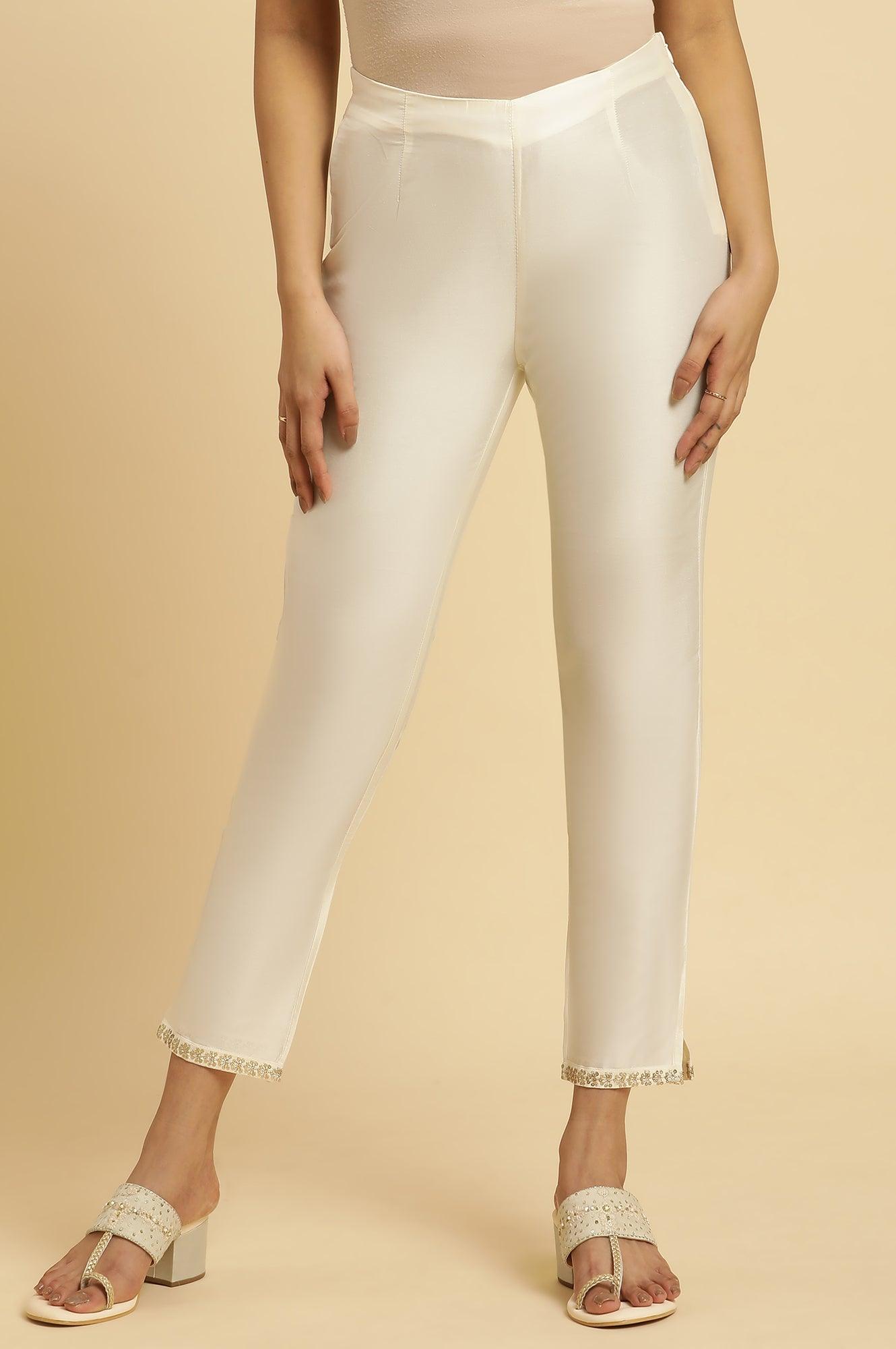 Ecru Slim Pants With Embroidered Hemline