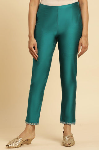 Teal Blue Slim Pant With Embroidered Hemline