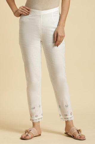 Ecru Slim Pants With Multi-Coloured Floral Embroidery