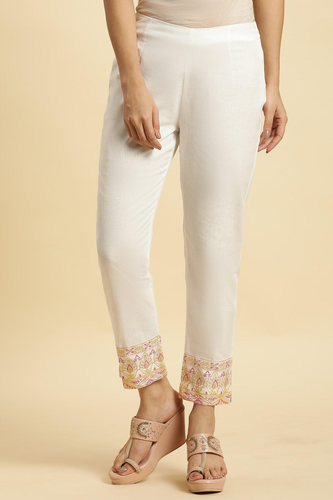 Ecru Solid Slim Pants With Printed Kota Border