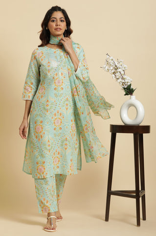 Light Green Floral Printed Kurta, Pants & Dupatta Set