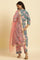 Teal Blue Printed Kurta, Bottom And Organza Dupatta Set