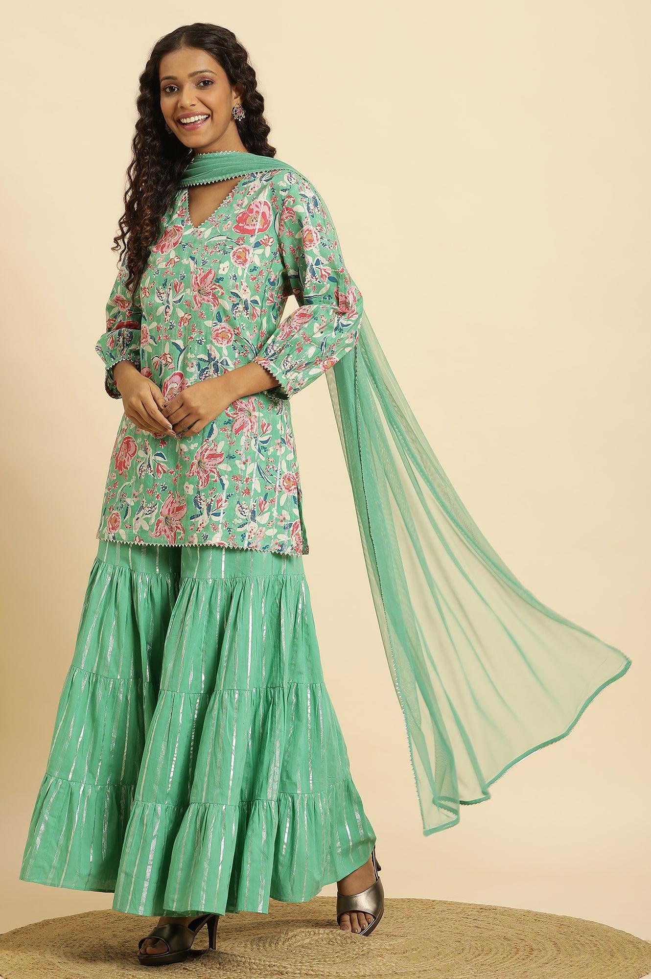 Mint Green Printed Short Kurta, Tiered Sharara And Dupatta