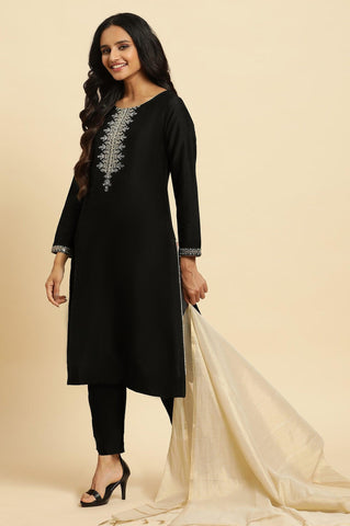 Black Zari Embroidered Straight Kurta, Pant And Dupatta Set