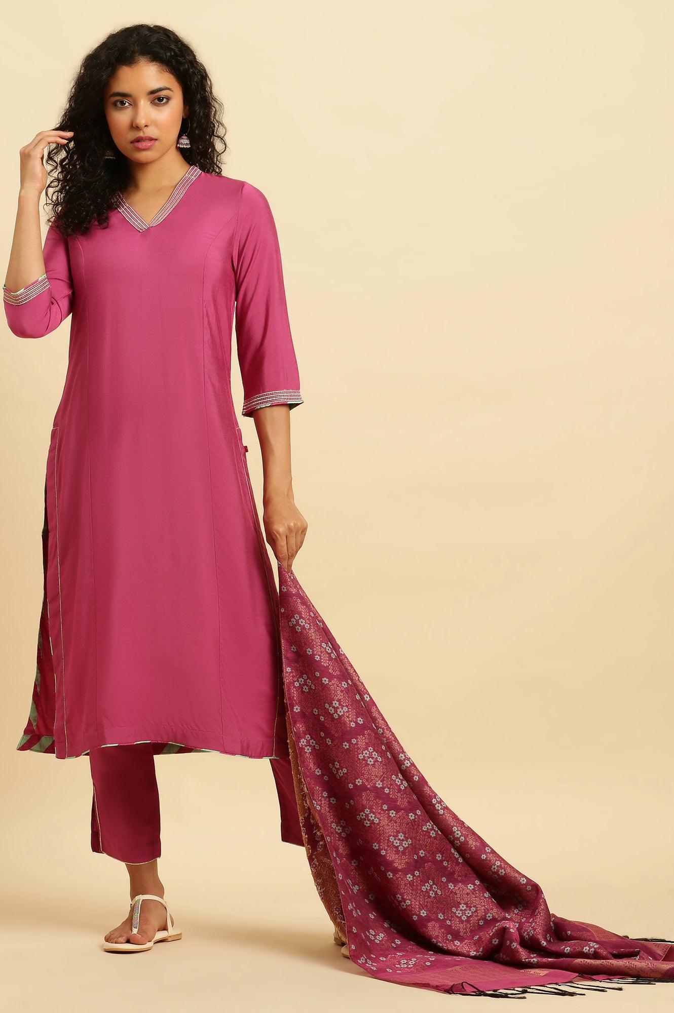 Pink Embellished Kurta, Pants And Jacquard Dupatta Set