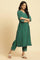 Green Solid Kurta, Pants And Jacquard Dupatta