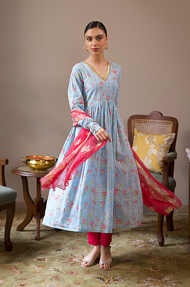 Blue Printed Anarkali Kurta, Pants & Dupatta Set