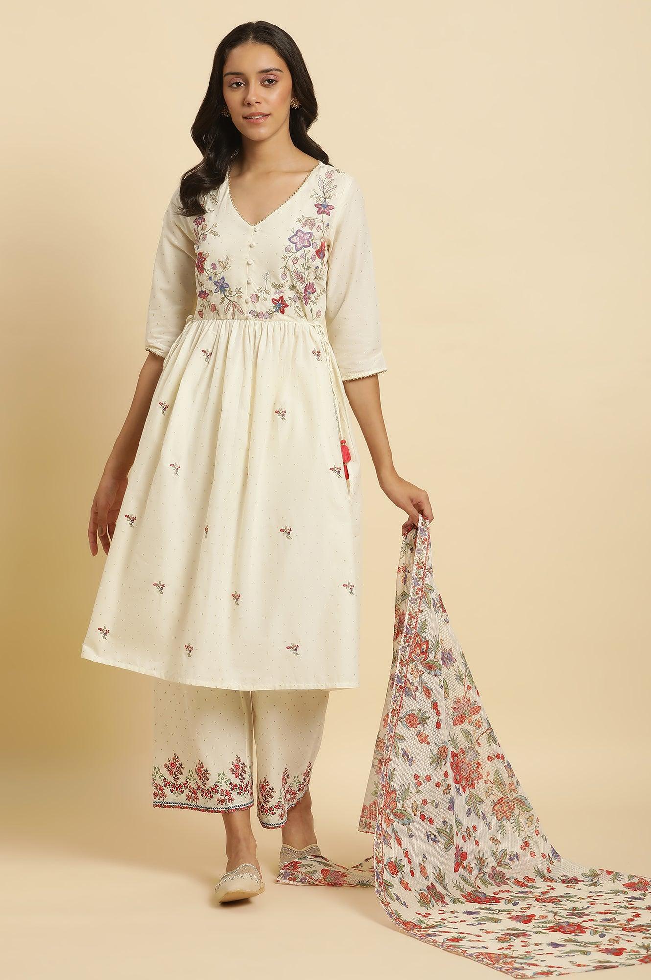 Ecru Printed Kurta & Straight Pants Set