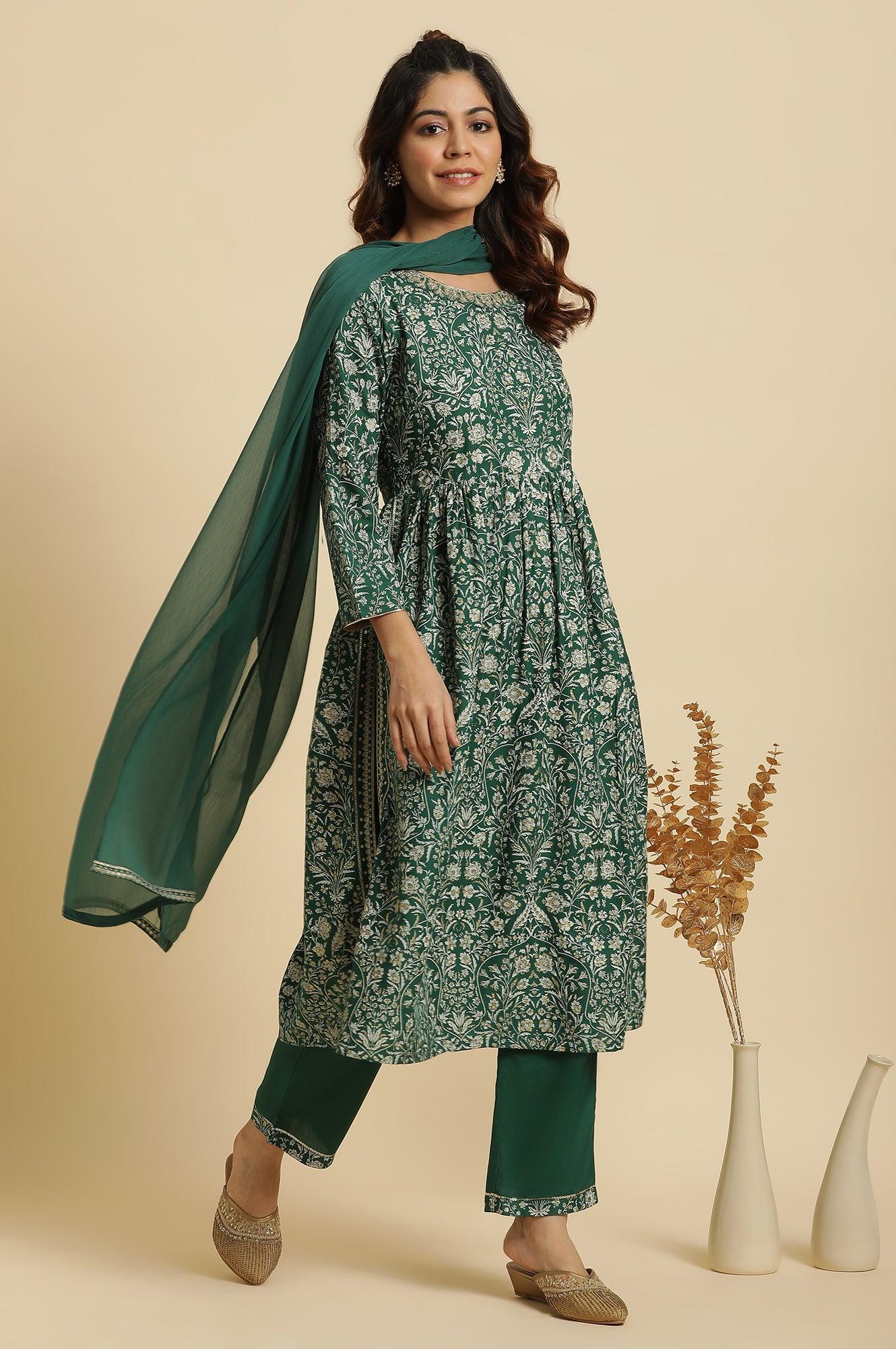 Dark Green Floral Printed Kurta, Pants & Dupatta Set