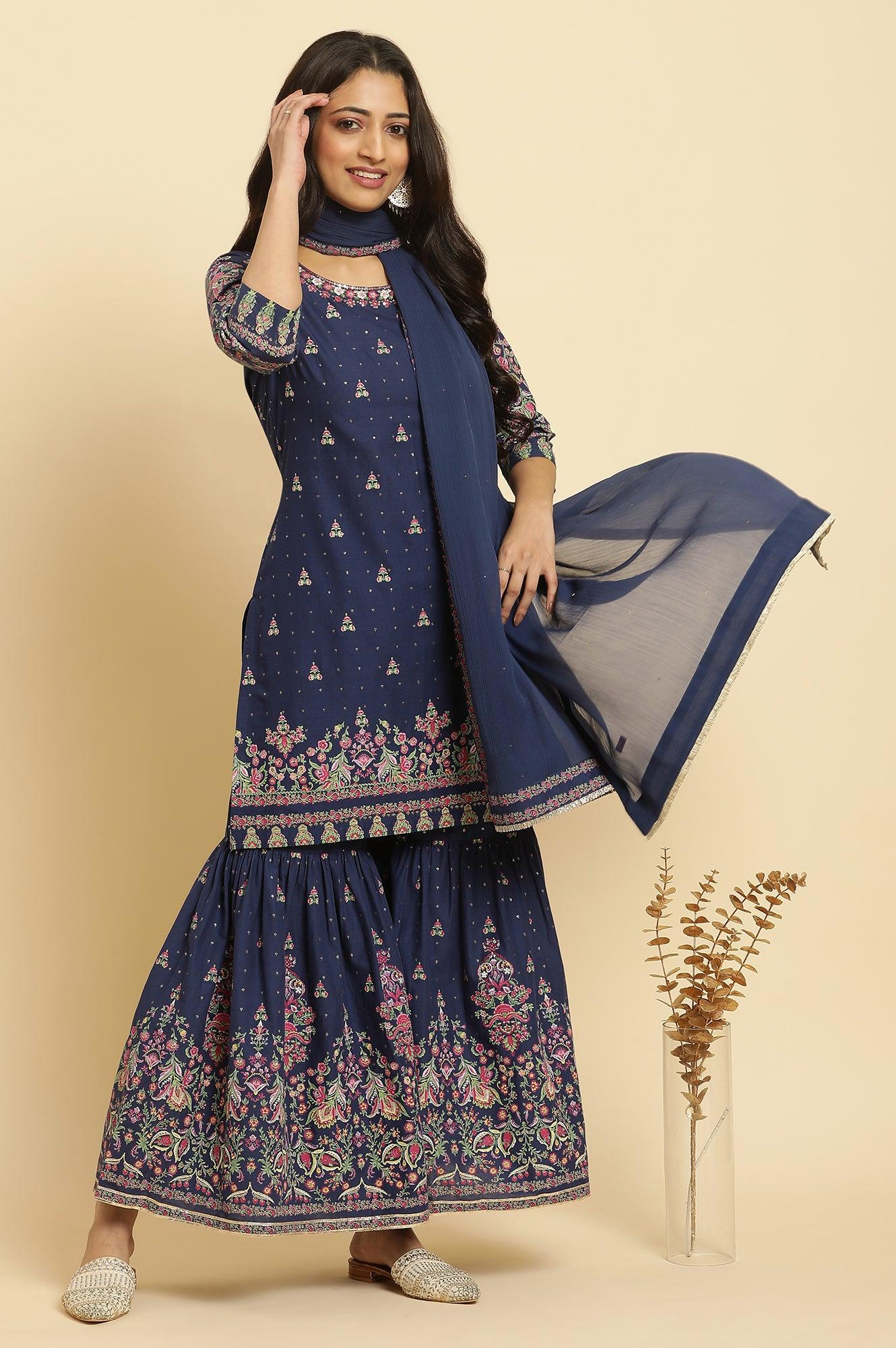 Blue Floral Printed Kurta, Sharara And Dupatta Set