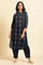 Navy Blue Printed Cotton Kurta & Pleated Pants Set