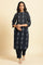 Navy Blue Printed Cotton Kurta & Pleated Pants Set