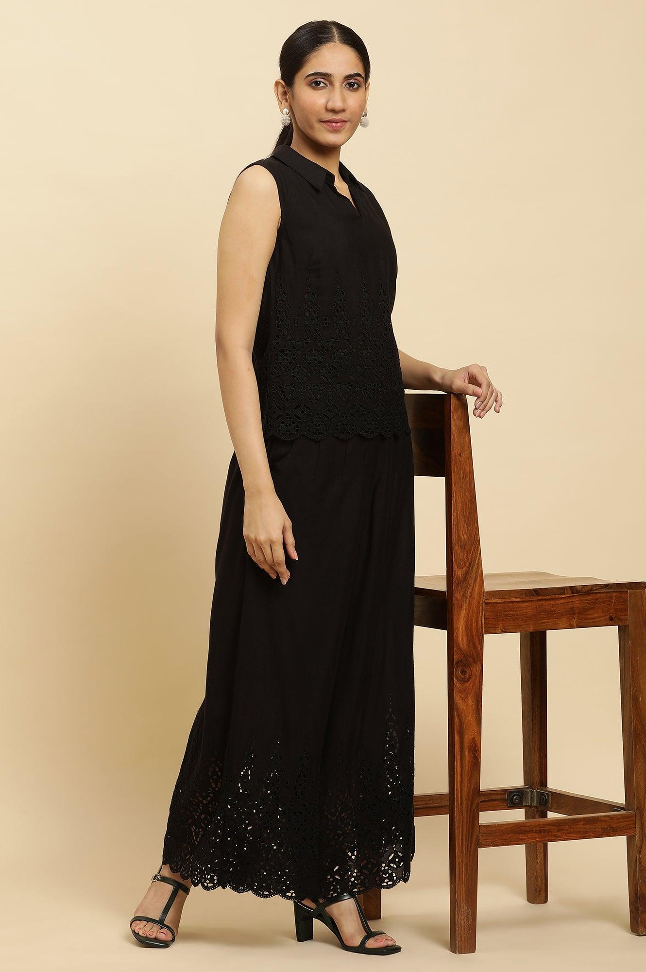 Black Cotton Schiffli Top And Pants Co-Ord Set