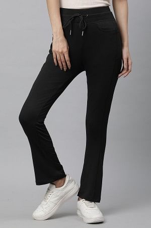 Black Solid Boot Cut Pants With Drawstring