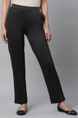 Black Solid Straight Fit Pants With Side Pockets
