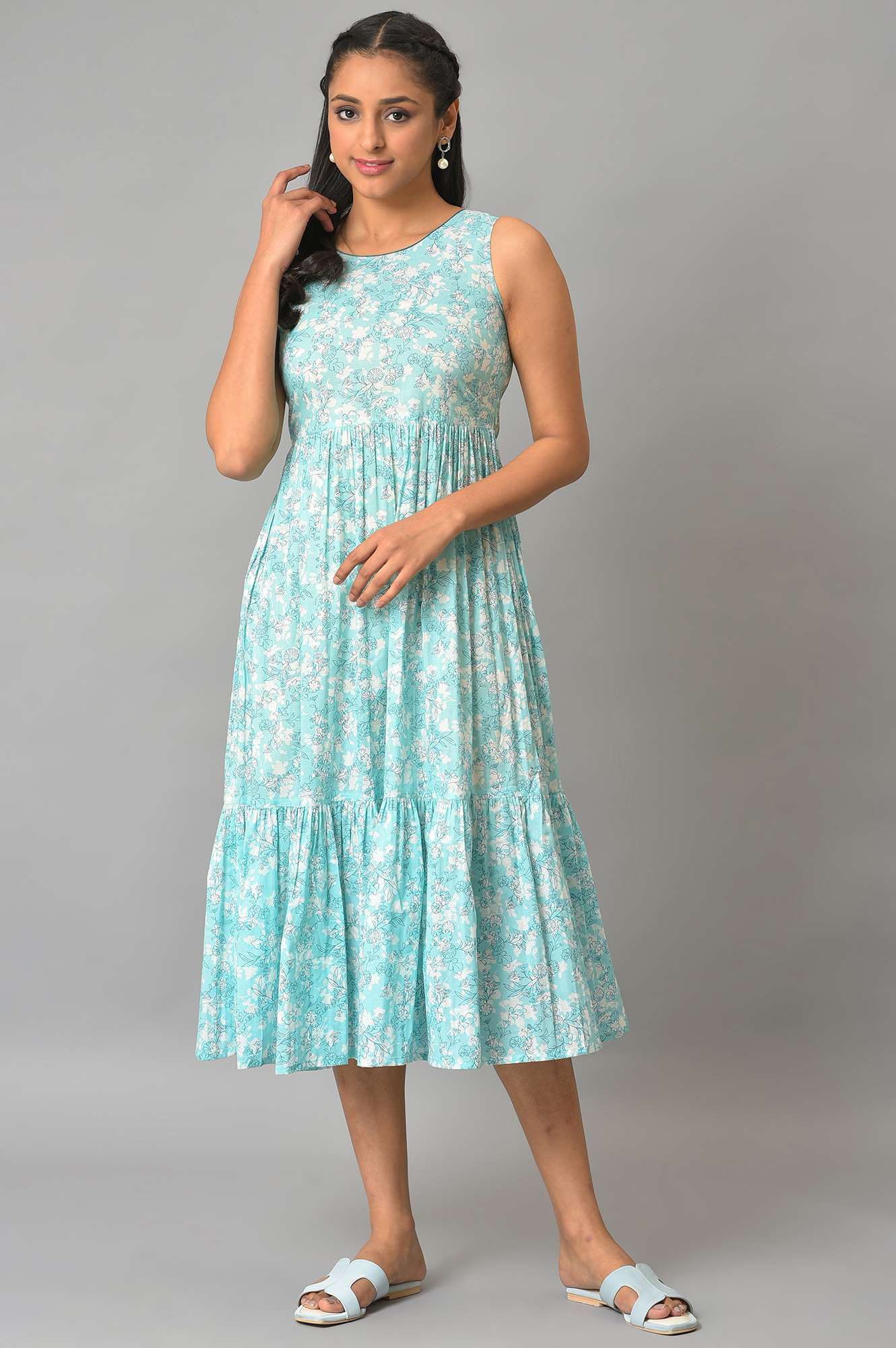 Blue Flared Floral Printed Sleeveless Dress