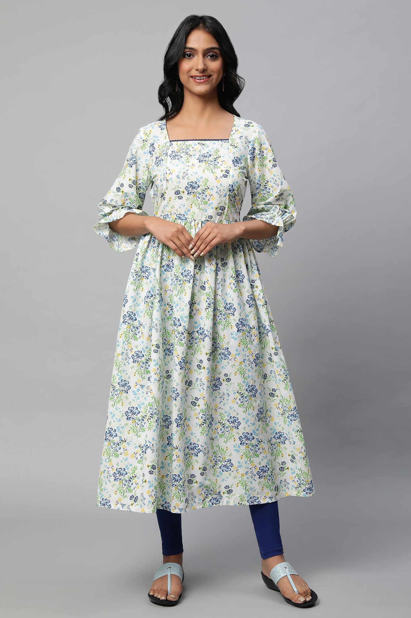 Blue Floral Print Flare kurta & Tights Set