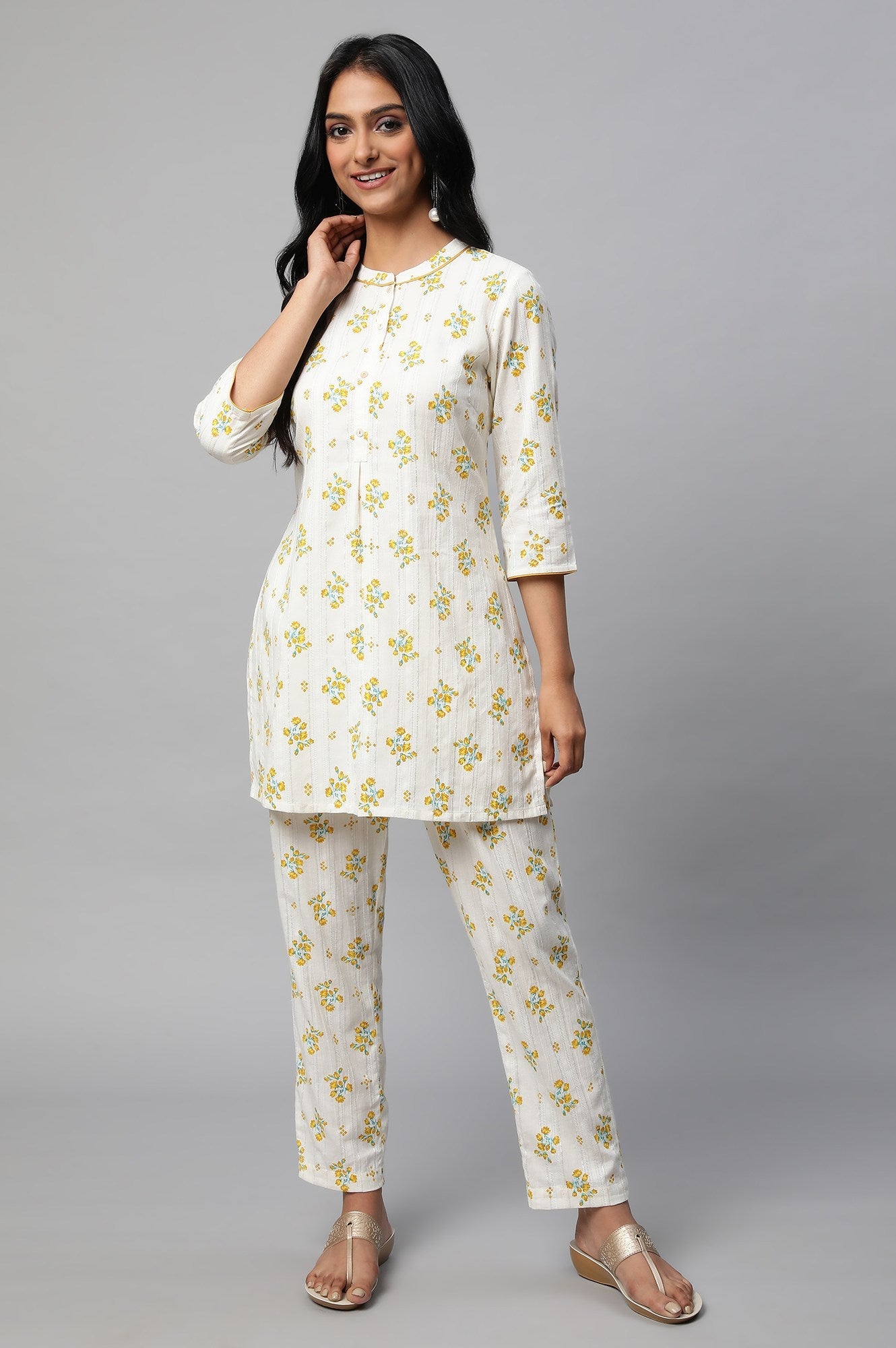 Beige Floral Print Summer kurta Co-Ord Set