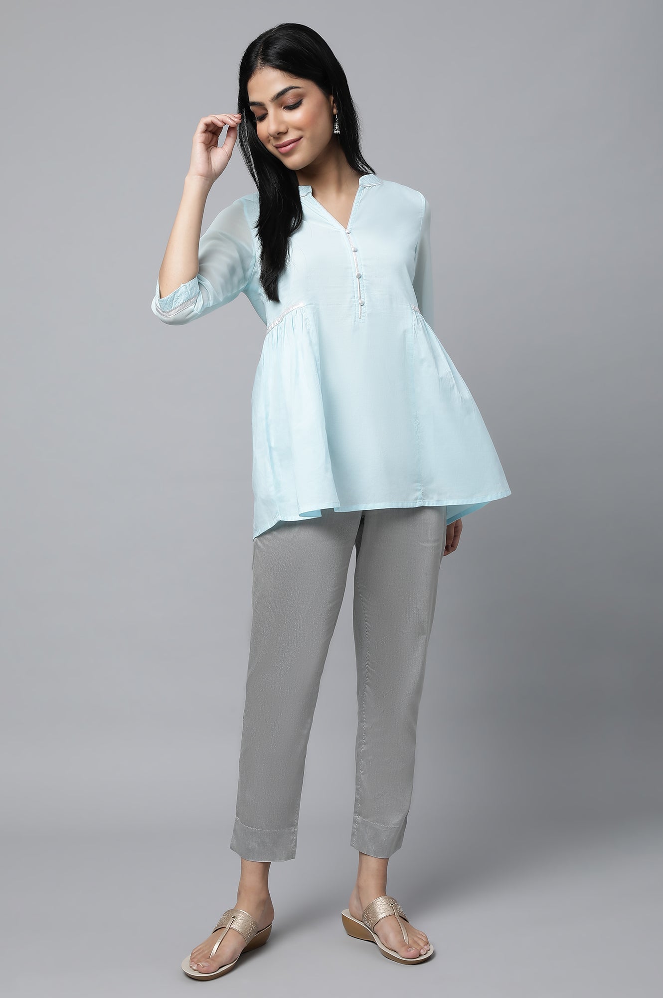 Blue Gathered kurta & Trouser Set