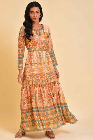 Beige Printed Tiered Dress With Embroidery