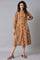 Dark Yellow Printed Pleated Shirt Dress