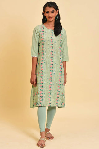 Green Glitter Printed A-Line kurta