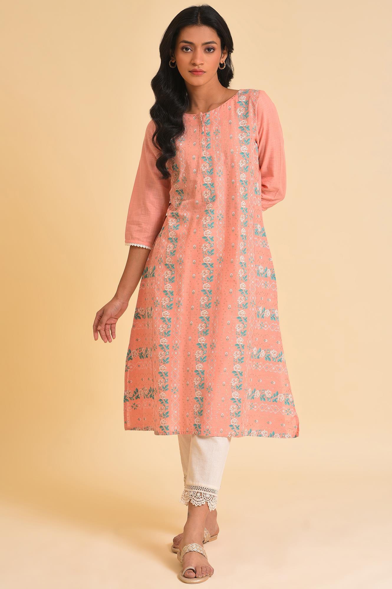 Peach Glitter Printed A-Line kurta