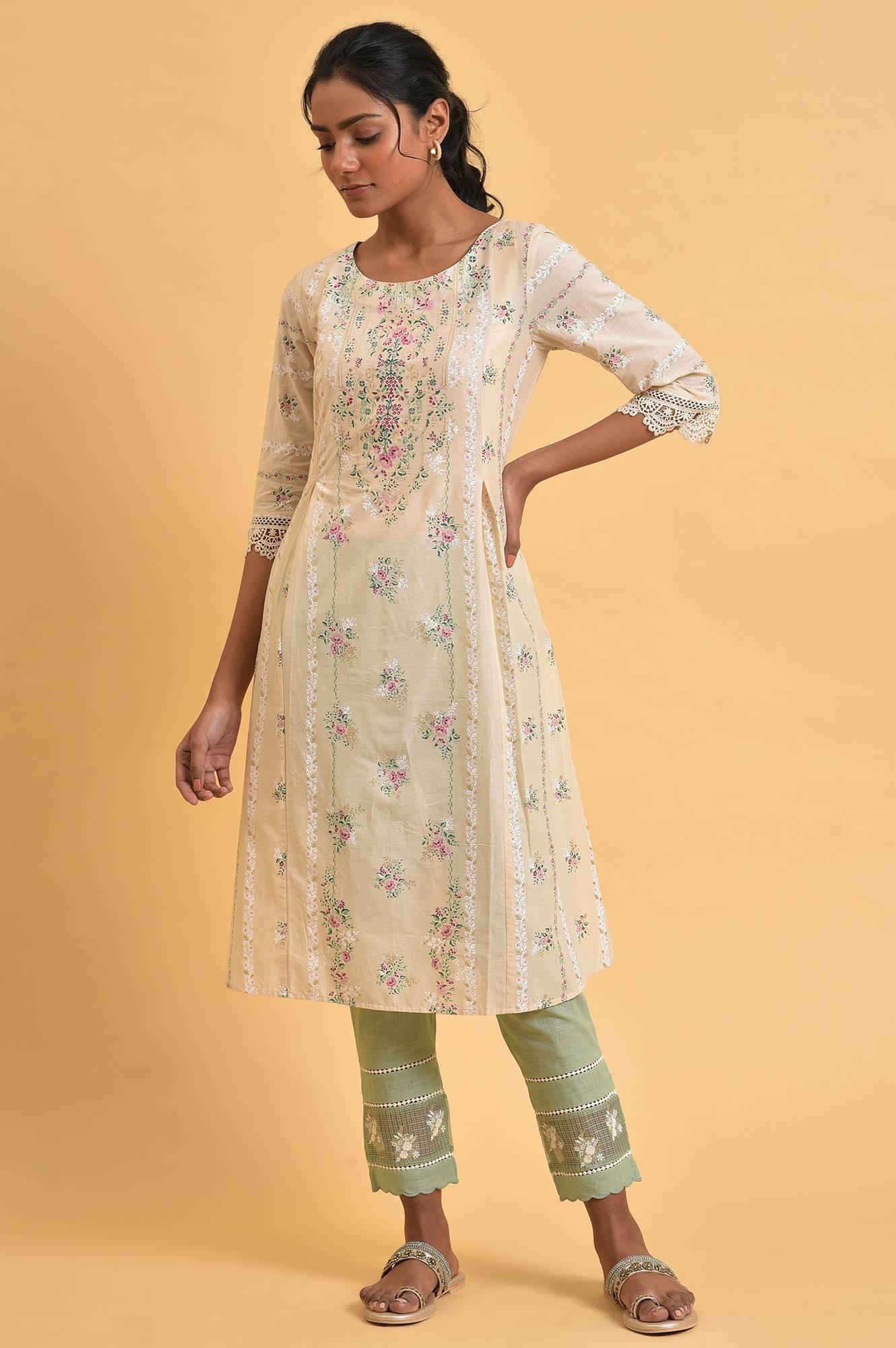 Beige Floral Print Round Neck Plus Size Cotton kurta