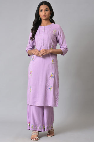 Plus Size Light Purple Embroidered kurta With Pintucks