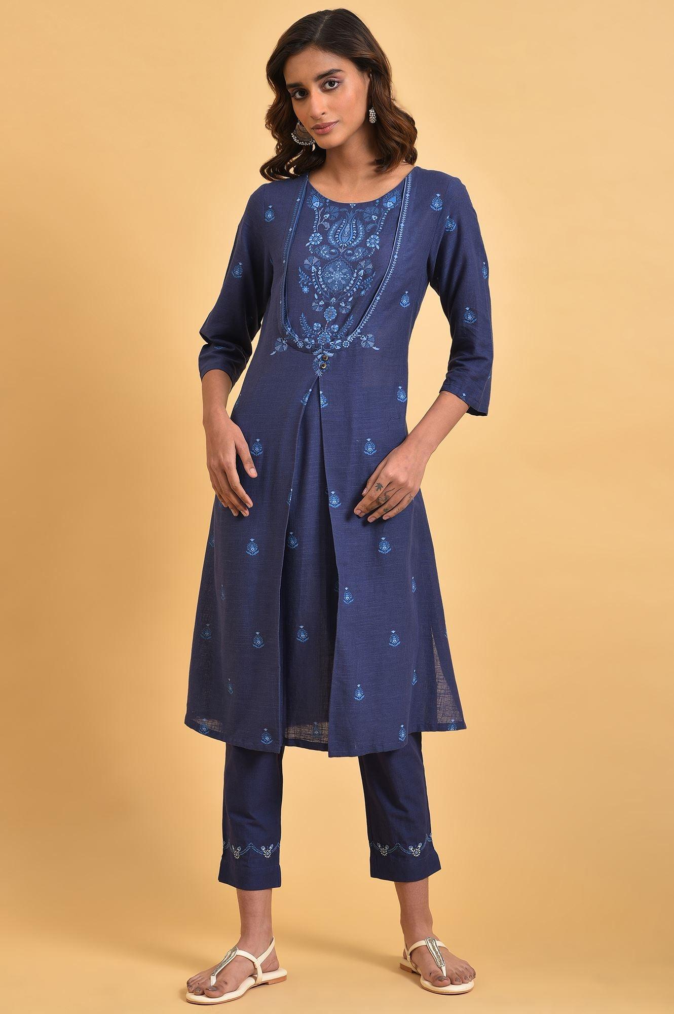 Navy Blue Floral Printed Round Neck kurta