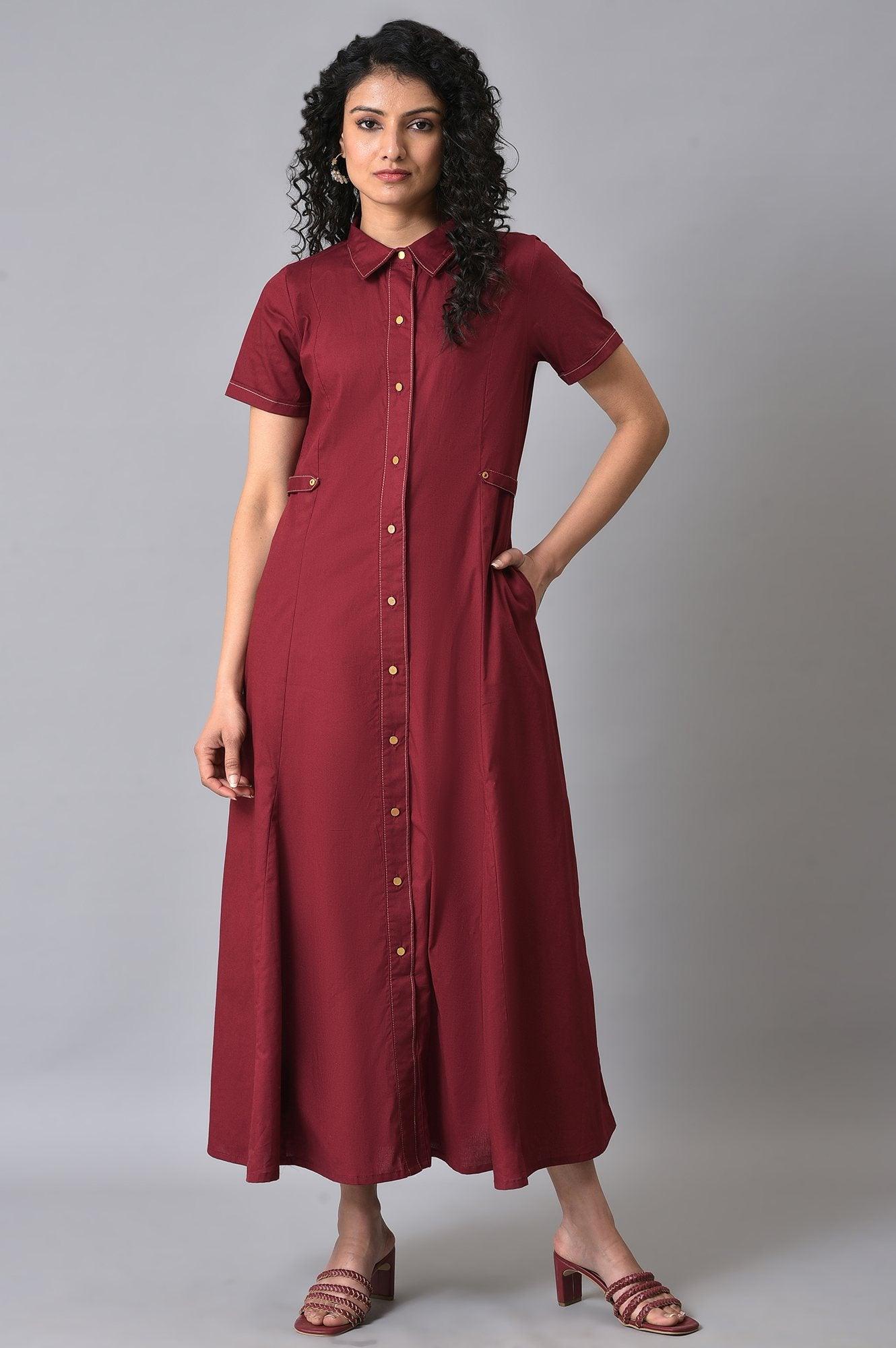 Maroon Cotton Summer Shirt Dress