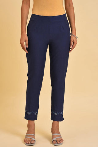 Navy Blue Cotton Slim Pants With Embroidered Hem