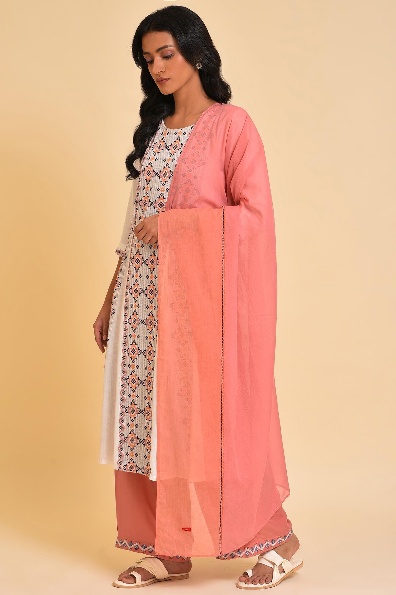 Orange And Pink Colour Block Dupatta